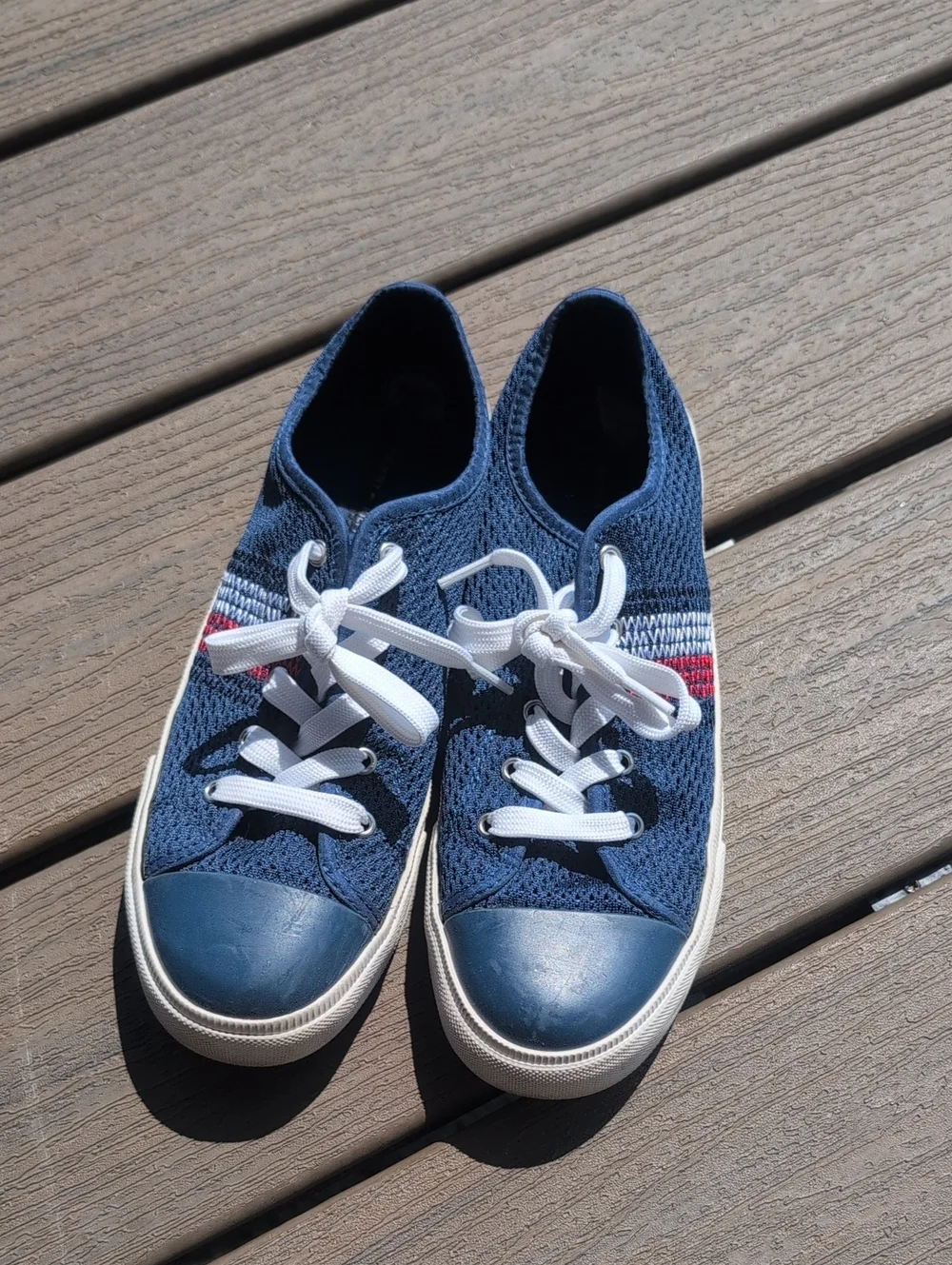 Tommy Hilfiger Navy Knit Lace-Up Flats with Red & White Accent